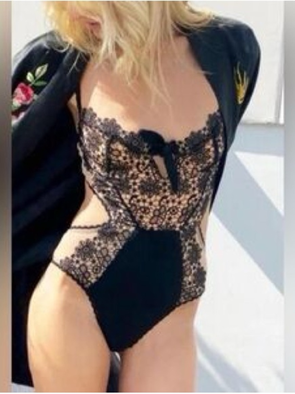 Sheer Lace Bodysuit Teddy in Black